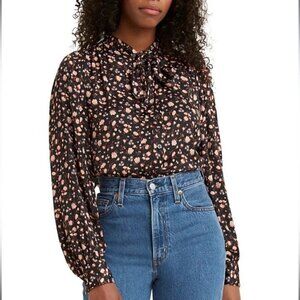 Levi’s Black Floral Marianna Donna Floral  Caviar Printed Tie-Neck,shirt Top XXL